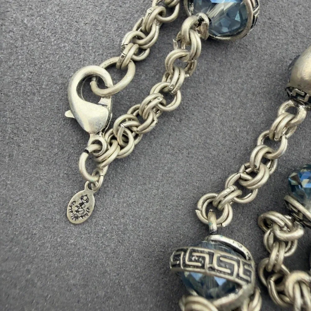 Premier Designs Greek Key Station Necklace Blue Crystal Long Layering Silver
